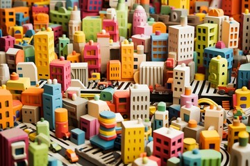 Cityscape comprised of geometric shapes in a toy construction background. Generative AI - obrazy, fototapety, plakaty