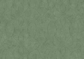 Hand-drawn unique abstract symmetrical seamless ornament. Dark semi transparent green on a light warm green background color. Paper texture. A4. (pattern: p08-1b)