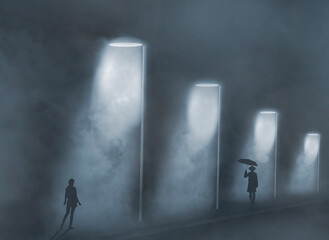 A girl walking at night encounters a man headed her way on in a foggy urban 3-d illustration under street lights.