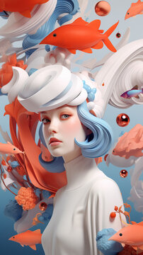 Enigmatic Surrealism Unveiled, A Mesmerizing Fusion of Model, Fashion, Abstract Art, and Costume Elegance