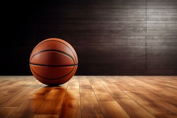 Basketball lying on wooden floor. Generative AI