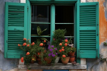 Adorable old window adorned with vibrant shutters. Generative AI