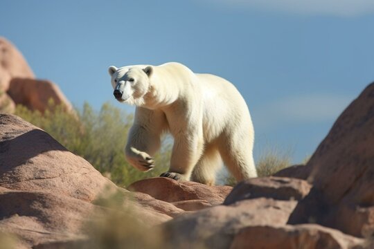An image showing a polar bear in a desert habitat. Generative AI