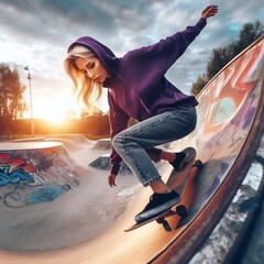 woman on the skateboard - obrazy, fototapety, plakaty