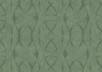 Hand-drawn unique abstract symmetrical seamless ornament. Dark semi transparent green on a light warm green background color. Paper texture. A4. (pattern: p10-4b)