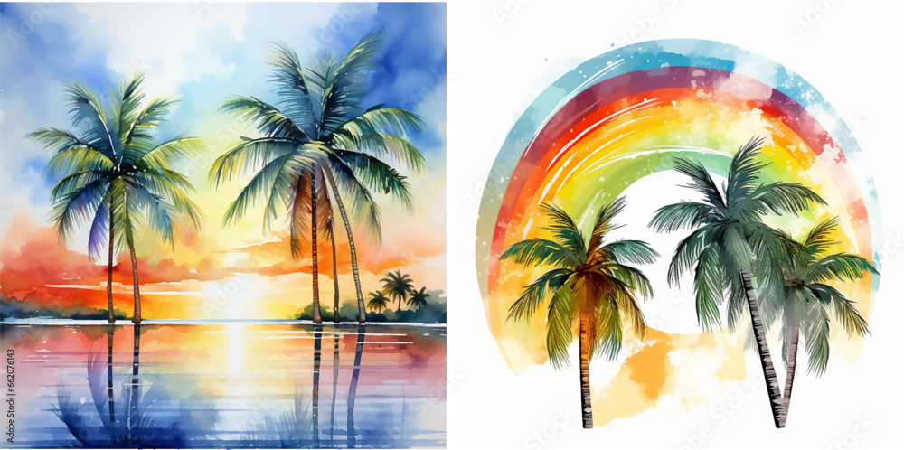 Sticker Hawaii tropic paradise palm watercolor sunrise silhouette graphic sunlight resort exotic