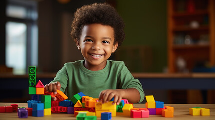 African American boy playing with colorful building blocks, showcasing creativity, learning - obrazy, fototapety, plakaty