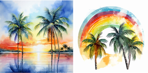 Hawaii tropic paradise palm watercolor sunrise silhouette graphic sunlight resort exotic