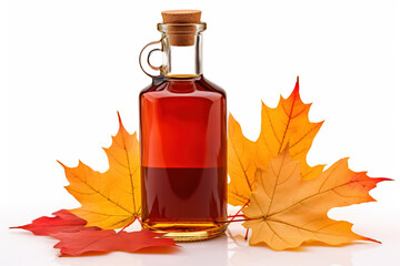 Bottle of golden Canadian maple syrup with red maple leaves scattered isolated on a white background