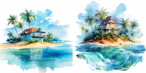Obraz premium tropic paradise dream palm watercolor romantic relax marine rest resort exotic Caribbean sand sea