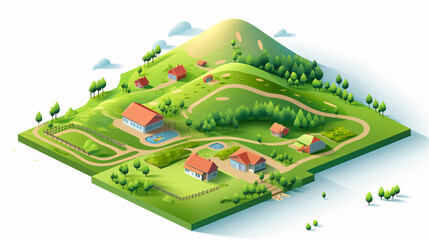 Flat style design house farm top view, outdoor panoramic countryside illustration.