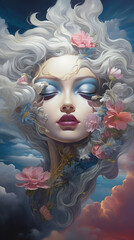 Surreal Vision of a Woman with Enormous Eyes Gazing at the Dreamy Sky in a Surrealistic Landscape