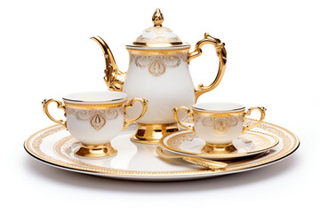 Elegant ornate china set with intricate patterns, delicate gold accents, and exquisite craftsmanship, ideal for special occasions, isolated on a white background - obrazy, fototapety, plakaty