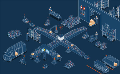 Logistics Warehouse Work Process Concept with Transportation operation service, Industrial Internet of Things and Autonomous Robot. Vector illustration EPS 10 - obrazy, fototapety, plakaty
