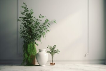 Wall design featuring a vase, green plant, and a white background. Generative AI