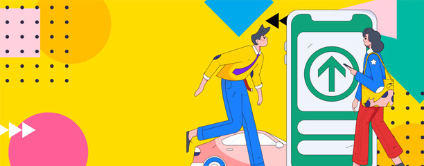 Flat vector concept operation hand drawn illustration of people taking a taxi
