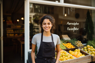 Proud female independent produce store owner, standing in front of store, small business success, fresh fruits and vegetables