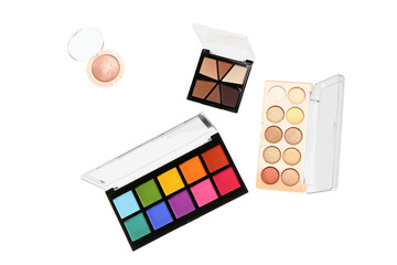 Different palettes of beautiful stylish eyeshadows on white background