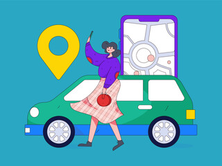 Flat vector concept operation hand drawn illustration of people taking a taxi
