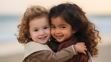 Young girl holding her toddler sister on a beach in loving hug, mix race asian caucasian