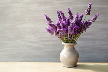 Close-up of lavender sprigs in small vase on table against neutral wall (selective focus). Generative AI