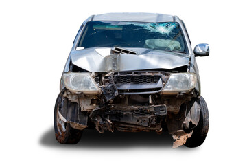 PNG format of Front view of bronze pickup car get hard damaged by accident on the road. chapped...