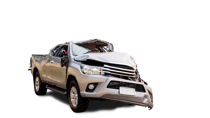 PNG format. Back and side view of gray or bronze pickup car get damaged by accident on the road. damaged cars after collision. isolated on transparent background - obrazy, fototapety, plakaty