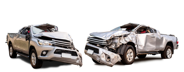 PNG format. Set of Back and side view of gray or bronze pickup car get damaged by accident on the...