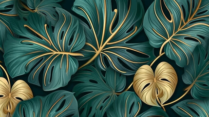 Luxury gold and nature green background vector. Floral pattern, Golden with monstera plant arts, vector illustration. Hand drawn design for fabric , print, cover, banner, invitation, wedding, RSVP © Pixode