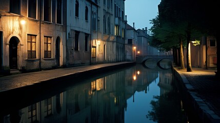 Fototapeta na wymiar Buildings and Canal during Nighttime. generative AI