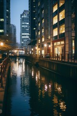 Osaka, Japan Buildings and Canal during Nighttime. generative AI