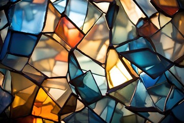 Artistic arrangement of stained glass shards backlit by sunlight - obrazy, fototapety, plakaty