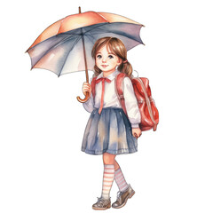 Little girl with umbrella, walking in the rain. Isolated on transparent white background
