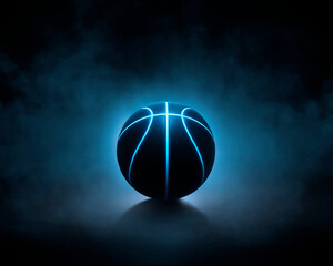 3D rendering of single black basketball with bright blue glowing neon lines sitting in completely...