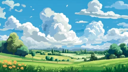 Foto op Aluminium Beautiful summer anime seasonal landscape with hills and mountain, sky and clouds. Anime cartoon style. Background design vector illustration. © Pixode