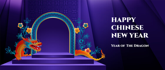 Happy Chinese New Year 2024 Blue Podium stage, Dragon zodiac sign with peony flower illustration - obrazy, fototapety, plakaty