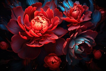 A vibrant bouquet of red flowers against a dramatic black backdrop