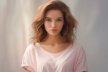 Fototapeta premium A woman in a pink shirt posing for a picture