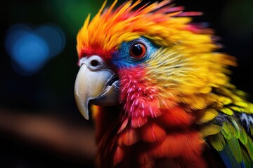 A vibrant and colorful parrot against a contrasting black backdrop