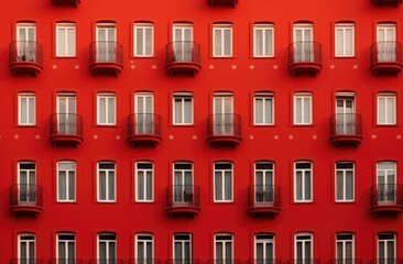 Naklejka premium A vibrant red building with numerous windows and balconies