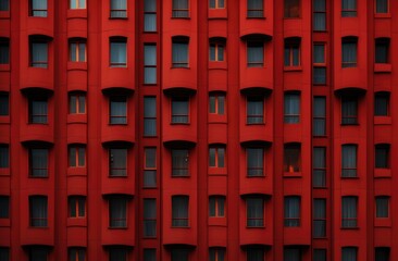 A modern skyscraper with a striking red facade and numerous windows