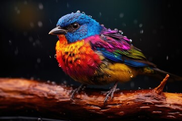 A vibrant bird perched on a rain-soaked branch