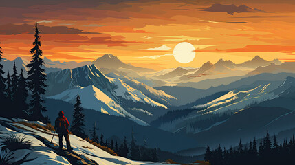 Creative illustration of a hiker in the mountains in the evening with the sun going down