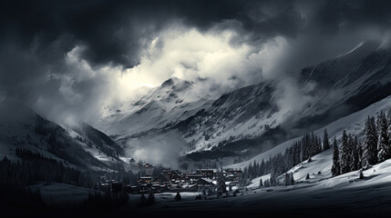 A ski resort in the Alps in black and white - obrazy, fototapety, plakaty