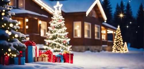 Decorated christmas tree in the night with gifts in front of a snow covered house