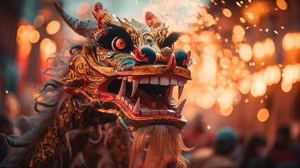 Traditional Chinese New Year celebration with a dragon on the street