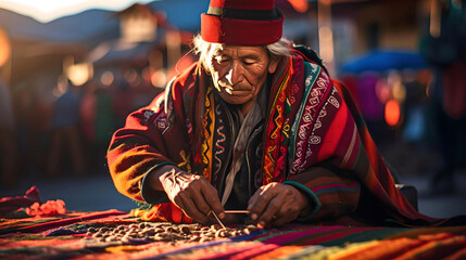Bolivian indigenous man preparing his crafts and fabrics to sell at the fair in La Paz, Bolivia. Latin American culture and tradition, aboriginal customs