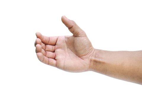 Men's hands making gestures like is holding something such as a phone or a water bottle Isolated on white background.