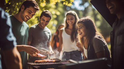 A group of young friends having a grill beef steak party in the park at sunset