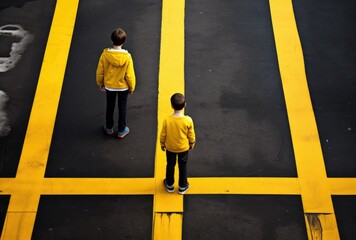Two young boys standing in a parking lot
